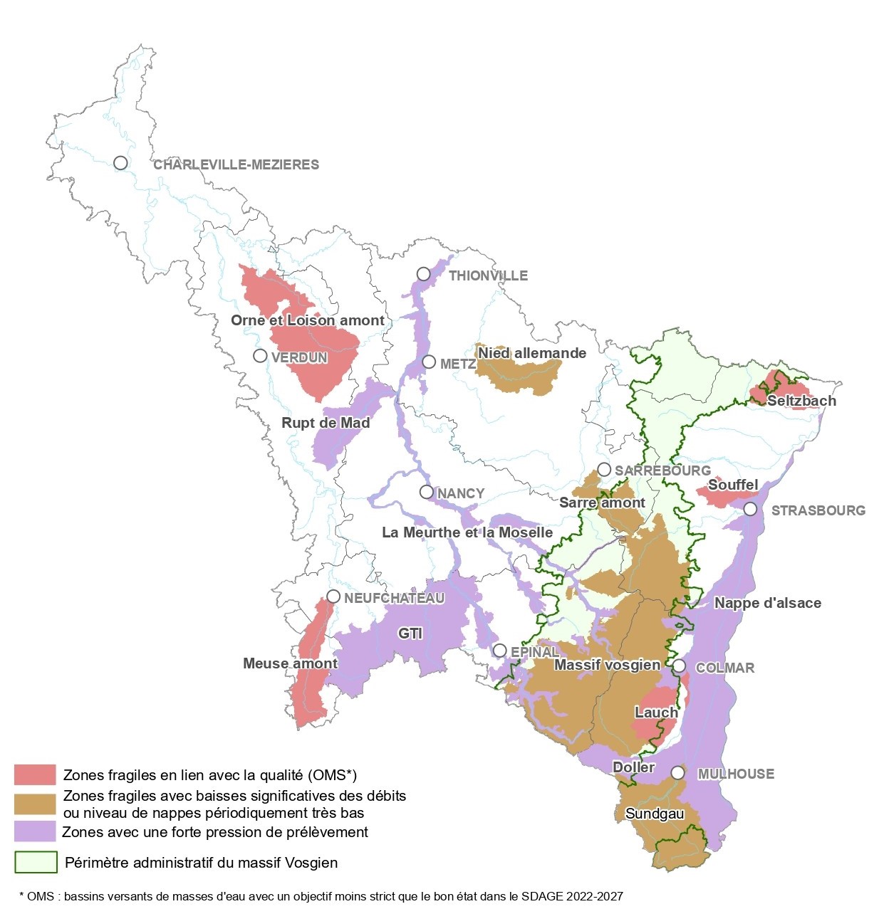 Zones fragiles et prioritaires pour l'accompagnement des démarches de gestion quantitative de la ressource en eau. Version du 30/06/2022.